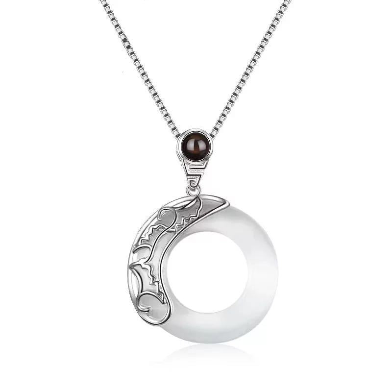 S925 Sterling Silver Obsidian Projection Necklace, Couples Pendant with 100 Languages