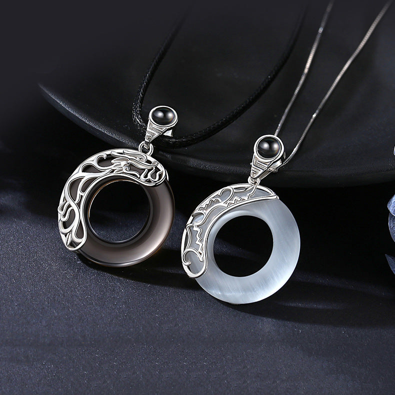S925 Sterling Silver Obsidian Projection Necklace, Couples Pendant with 100 Languages