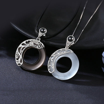 S925 Sterling Silver Obsidian Projection Necklace, Couples Pendant with 100 Languages