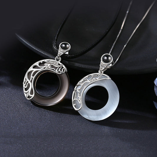 S925 Sterling Silver Obsidian Projection Necklace, Couples Pendant with 100 Languages