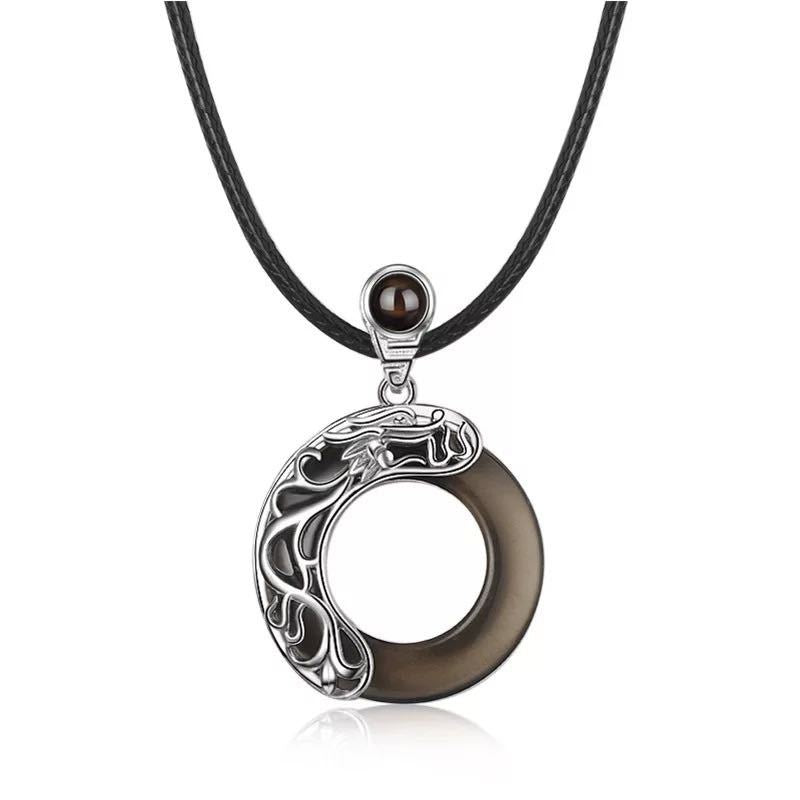 S925 Sterling Silver Obsidian Projection Necklace, Couples Pendant with 100 Languages