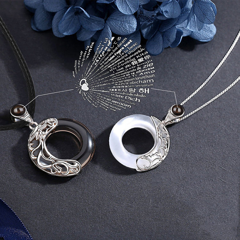 S925 Sterling Silver Obsidian Projection Necklace, Couples Pendant with 100 Languages