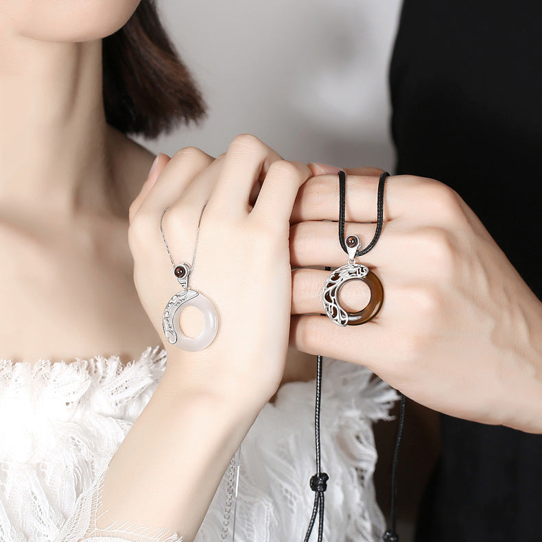 S925 Sterling Silver Obsidian Projection Necklace, Couples Pendant with 100 Languages