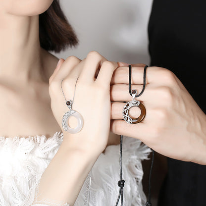 S925 Sterling Silver Obsidian Projection Necklace, Couples Pendant with 100 Languages