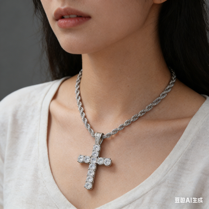 Diamond Cross Pendant Necklace in 925 Sterling Silver - Hip Hop Style