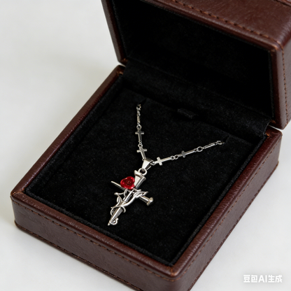 Rose Cross Pendant Necklace in Stainless Steel