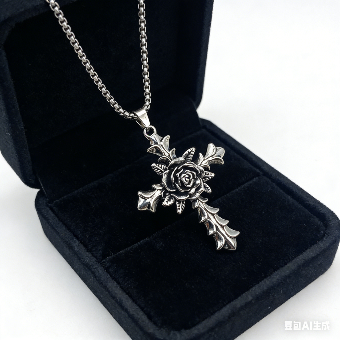 Punk Cross Flower Pendant Necklace in Titanium Steel - Long Chain