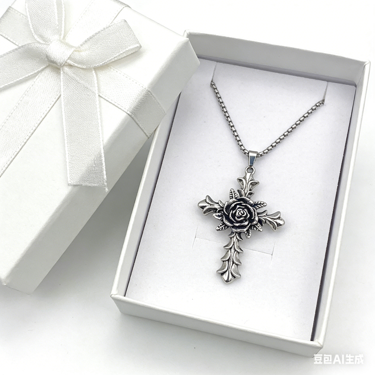 Punk Cross Flower Pendant Necklace in Titanium Steel - Long Chain