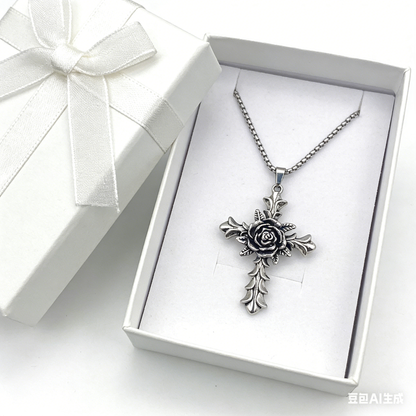 Punk Cross Flower Pendant Necklace in Titanium Steel - Long Chain