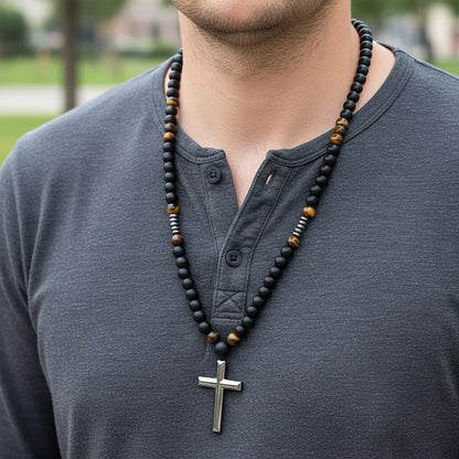 Black Lava Stone Tiger Eye Rosary Necklace Sterling Silver Cross for Men Women