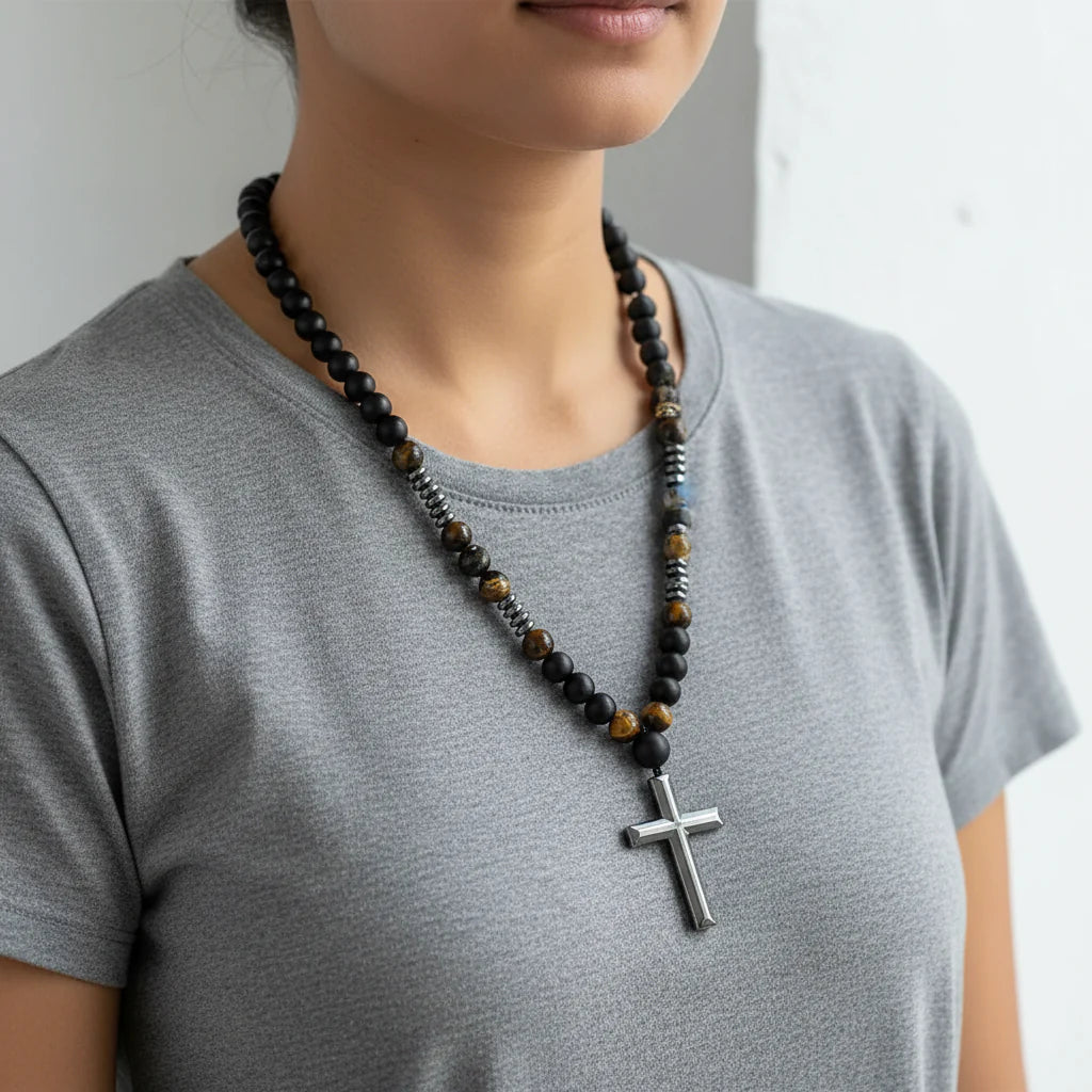 Black Lava Stone Tiger Eye Rosary Necklace Sterling Silver Cross for Men Women
