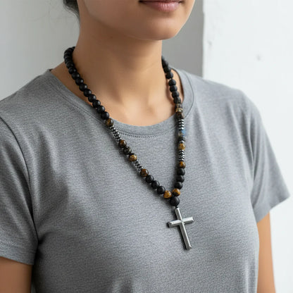 Black Lava Stone Tiger Eye Rosary Necklace Sterling Silver Cross for Men Women