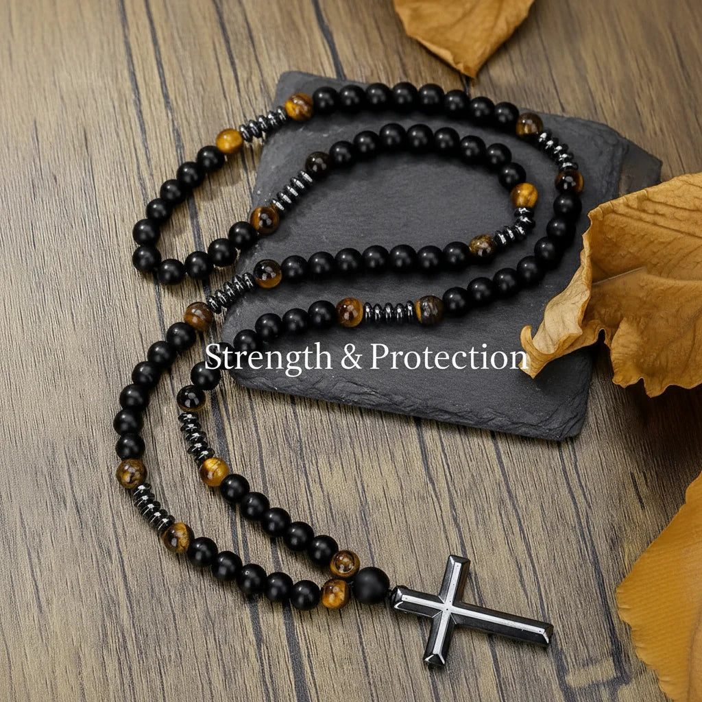 Black Lava Stone Tiger Eye Rosary Necklace Sterling Silver Cross for Men Women