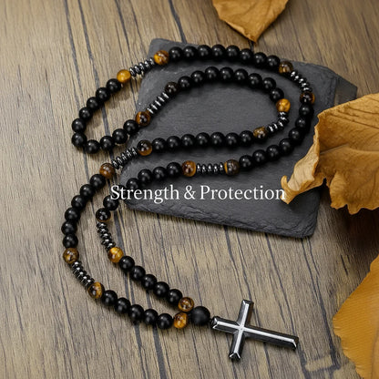 Black Lava Stone Tiger Eye Rosary Necklace Sterling Silver Cross for Men Women