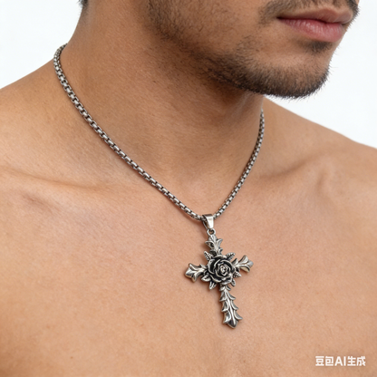 Punk Cross Flower Pendant Necklace in Titanium Steel - Long Chain
