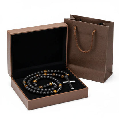 Black Lava Stone Tiger Eye Rosary Necklace Sterling Silver Cross for Men Women