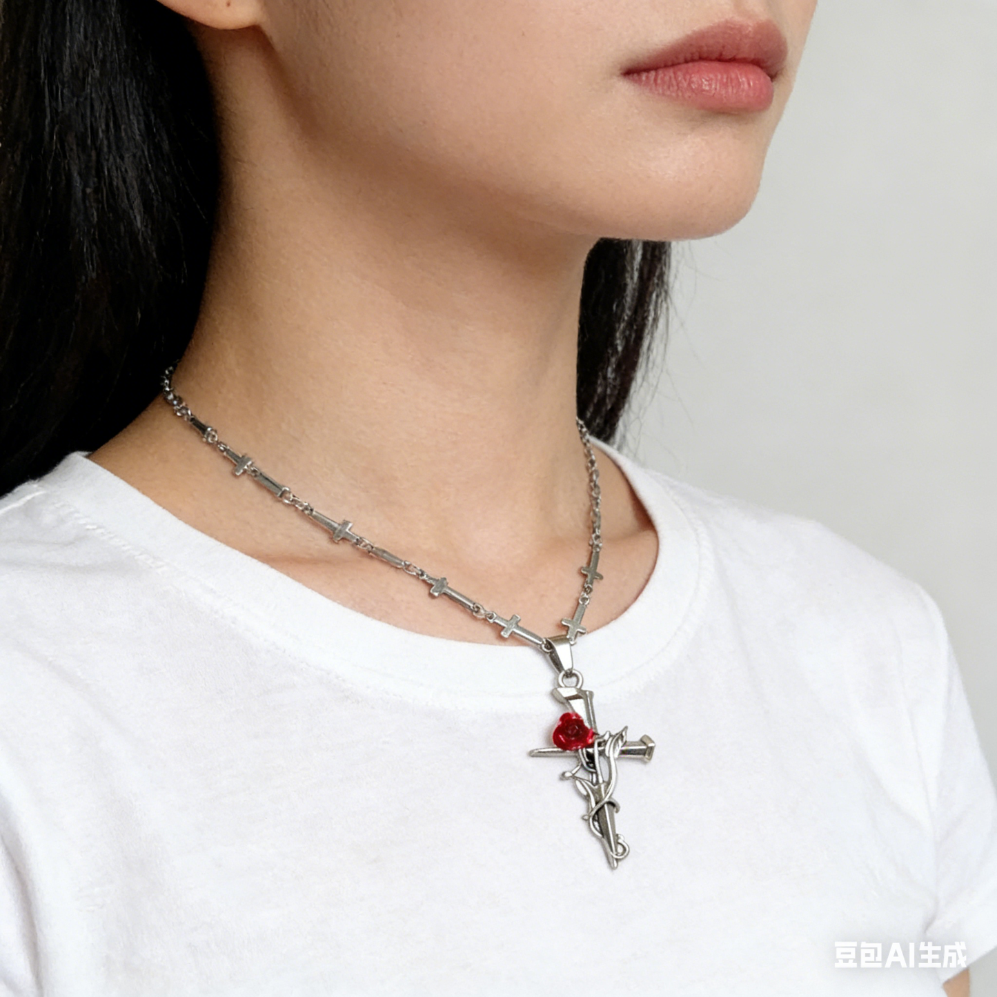 Rose Cross Pendant Necklace in Stainless Steel