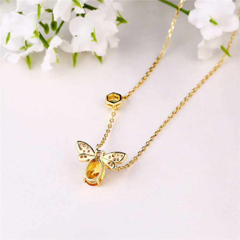 Bee Pendant Necklace with Citrine Crystal in 925 Sterling Silver