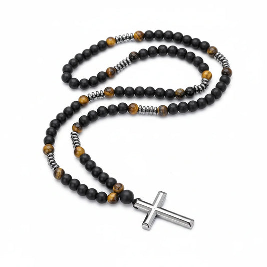 Black Lava Stone Tiger Eye Rosary Necklace Sterling Silver Cross for Men Women