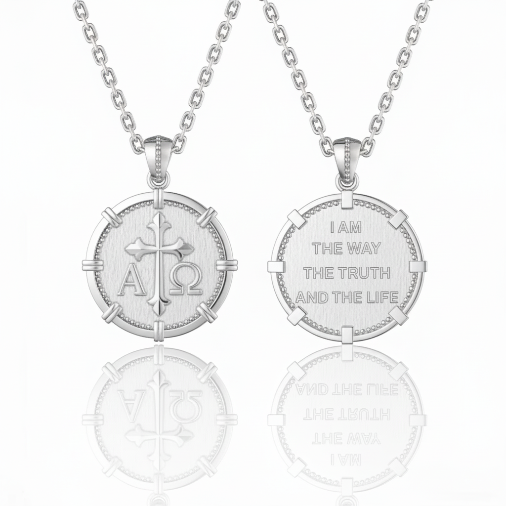 银色双面圆形十字架刻字项链-完全相同样式