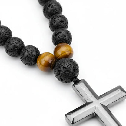 Black Lava Stone Tiger Eye Rosary Necklace Sterling Silver Cross for Men Women