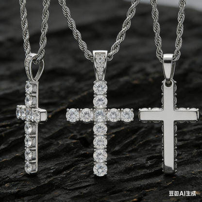 Diamond Cross Pendant Necklace in 925 Sterling Silver - Hip Hop Style