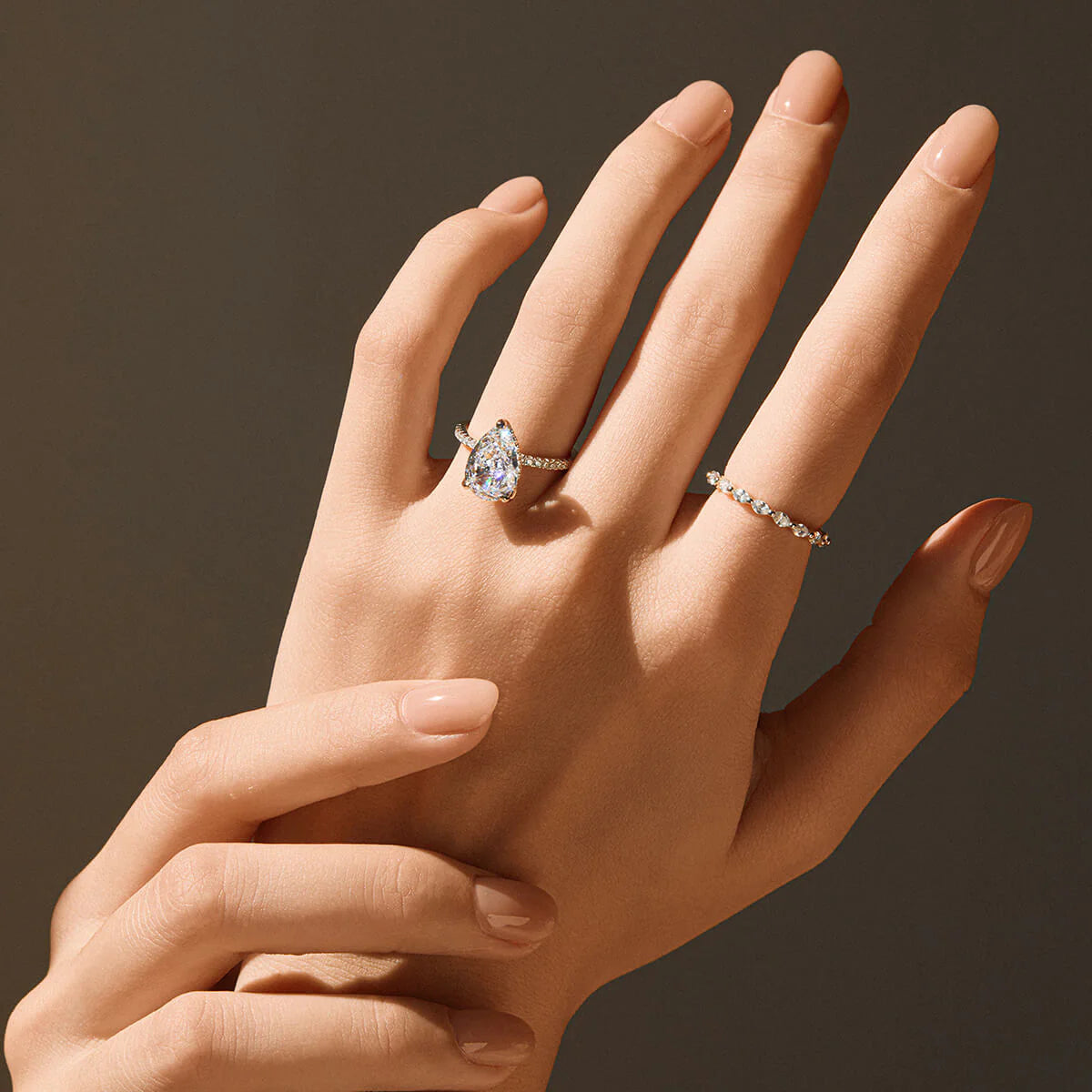 Ricady Jewel Pear-Cut Solitaire Ring, 925 Sterling Silver Cubic Zirconia Pavé Band for Women, Size 4-10