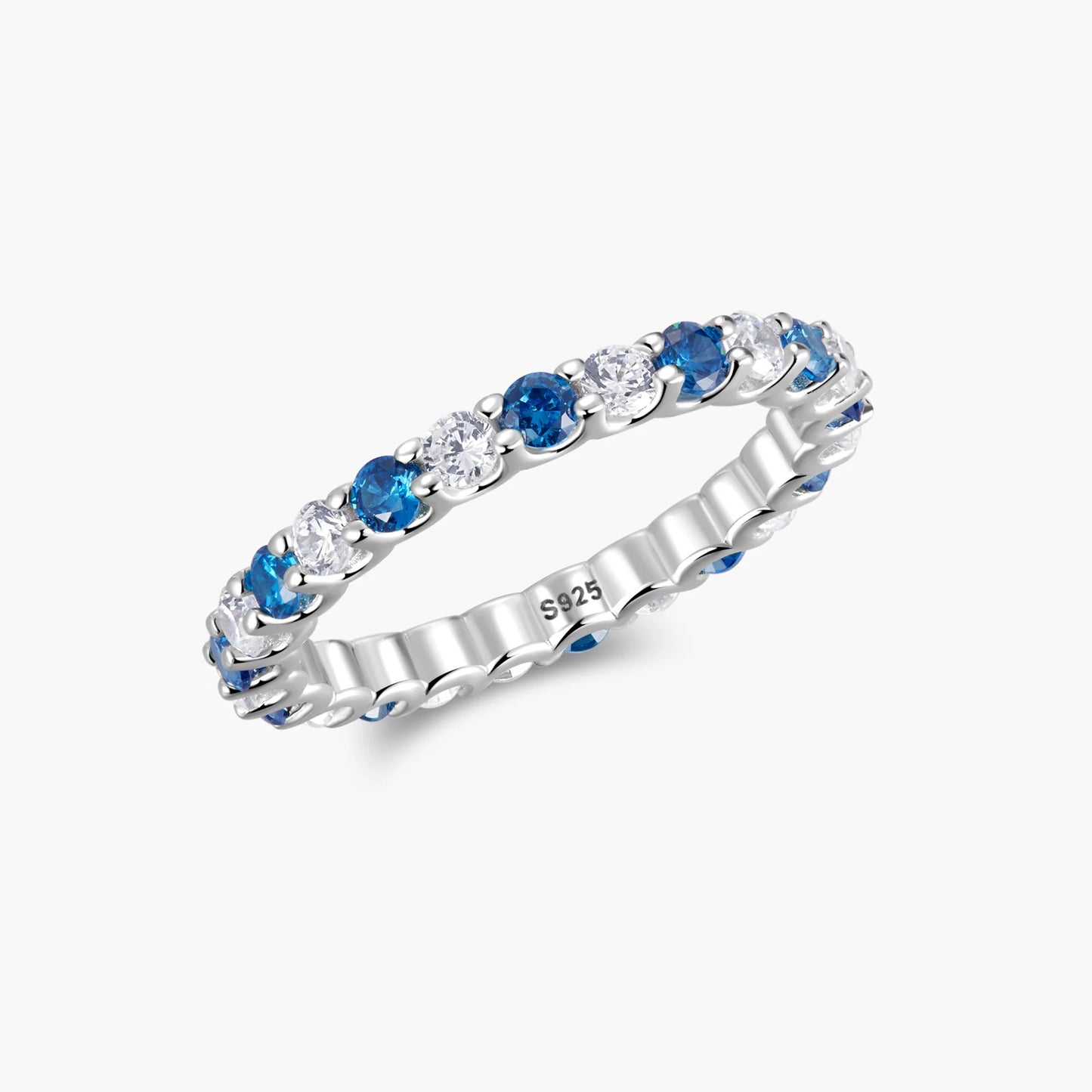 S925 Sterling Silver Blue Cubic Zirconia Eternity Band Ring - Stackable Sparkling Cz Statement Ring for Women