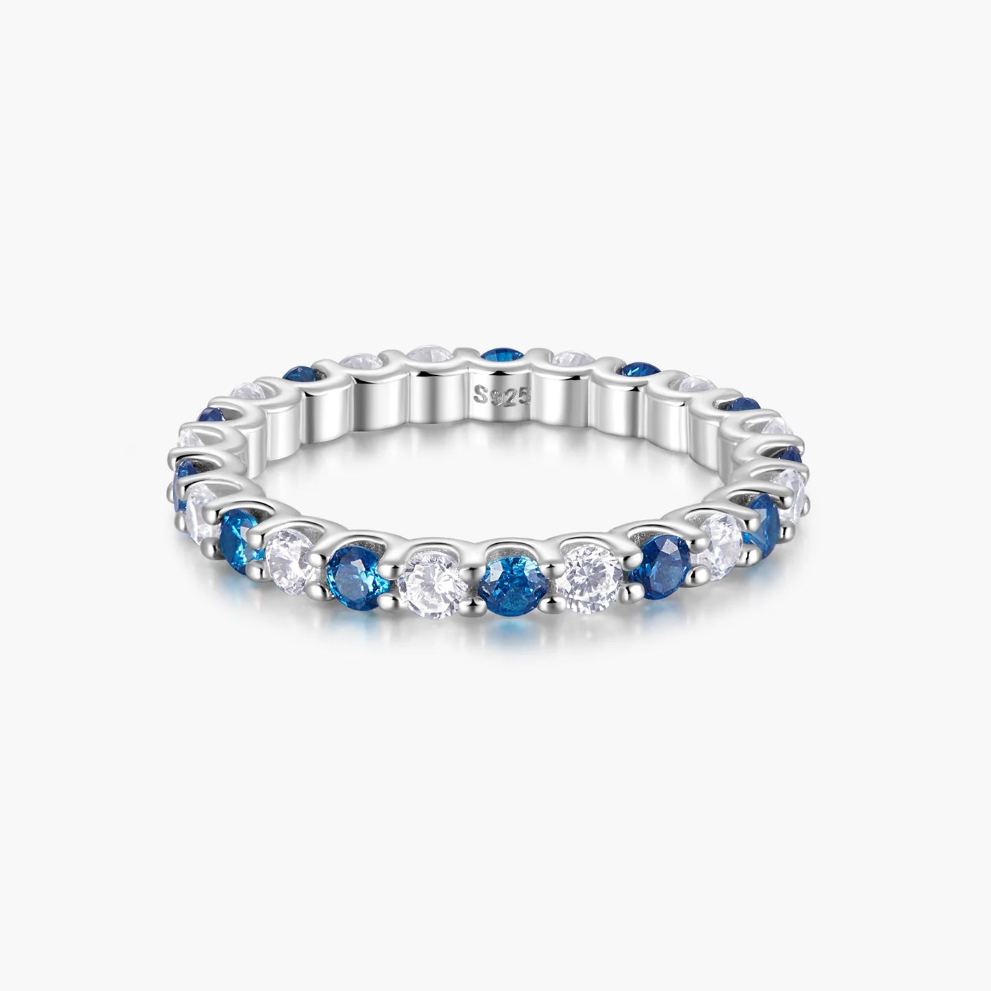 S925 Sterling Silver Blue Cubic Zirconia Eternity Band Ring - Stackable Sparkling Cz Statement Ring for Women