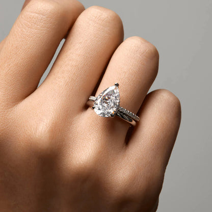 Ricady Jewel Pear-Cut Solitaire Ring, 925 Sterling Silver Cubic Zirconia Pavé Band for Women, Size 4-10