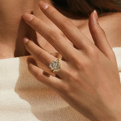 Ricady Jewel Oval Cut Cubic Zirconia 925 Sterling Silver 14K Gold-Plated Halo Engagement Ring