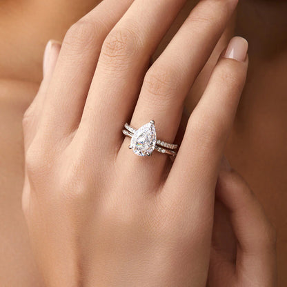 Ricady Jewel Pear-Cut Solitaire Ring, 925 Sterling Silver Cubic Zirconia Pavé Band for Women, Size 4-10
