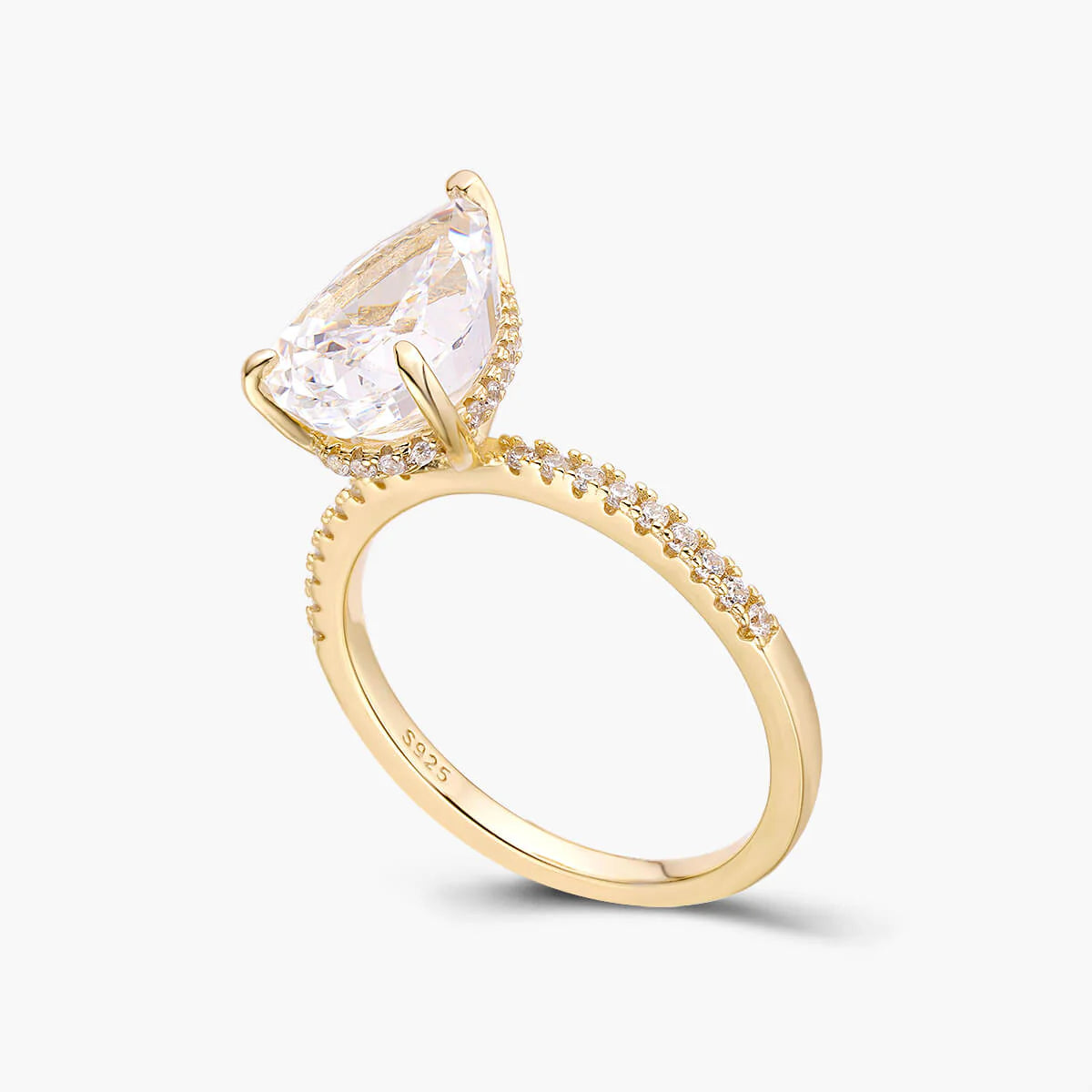 Ricady Jewel Pear-Cut Solitaire Ring, 925 Sterling Silver Cubic Zirconia Pavé Band for Women, Size 4-10