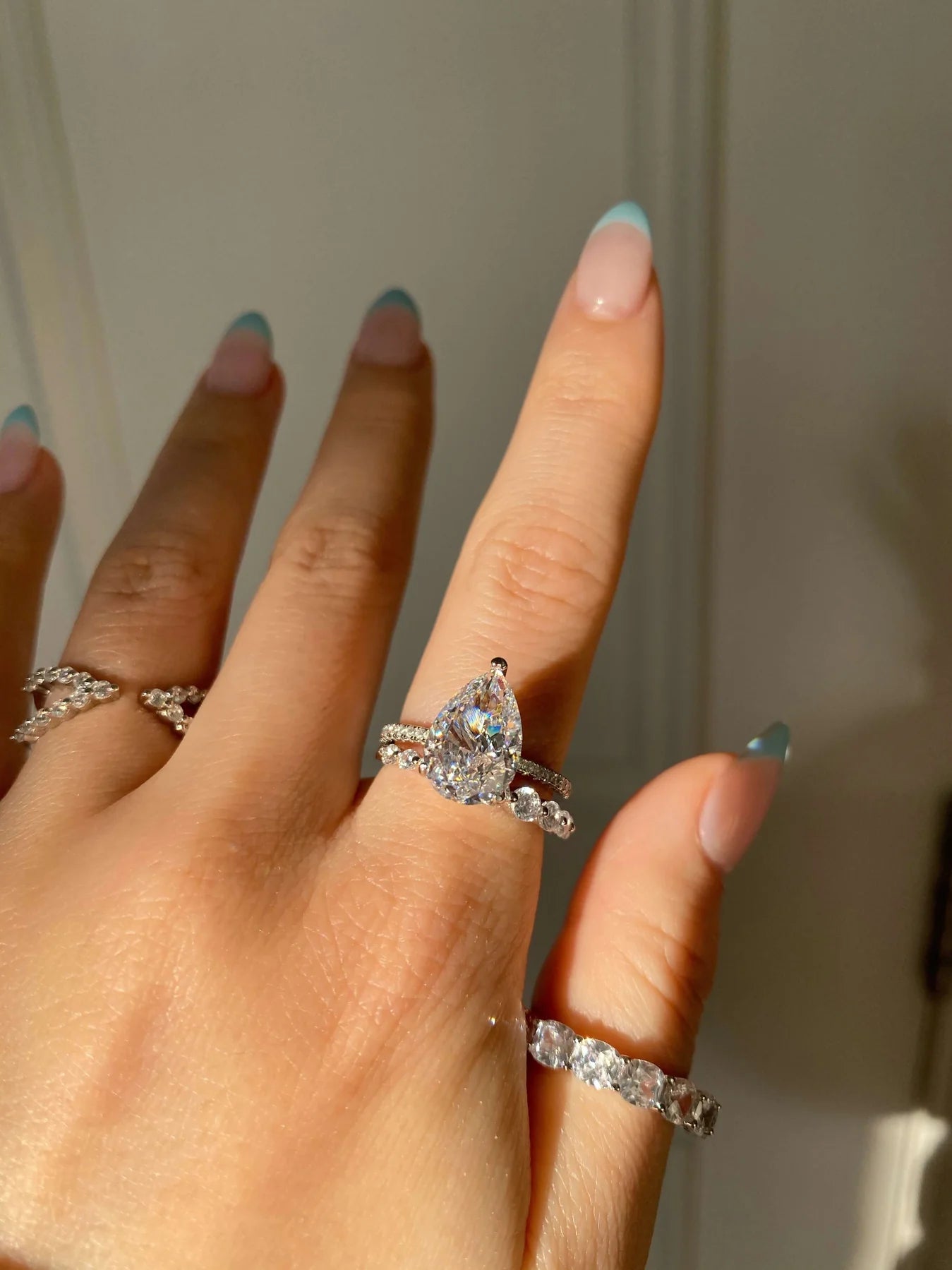 Ricady Jewel Pear-Cut Solitaire Ring, 925 Sterling Silver Cubic Zirconia Pavé Band for Women, Size 4-10
