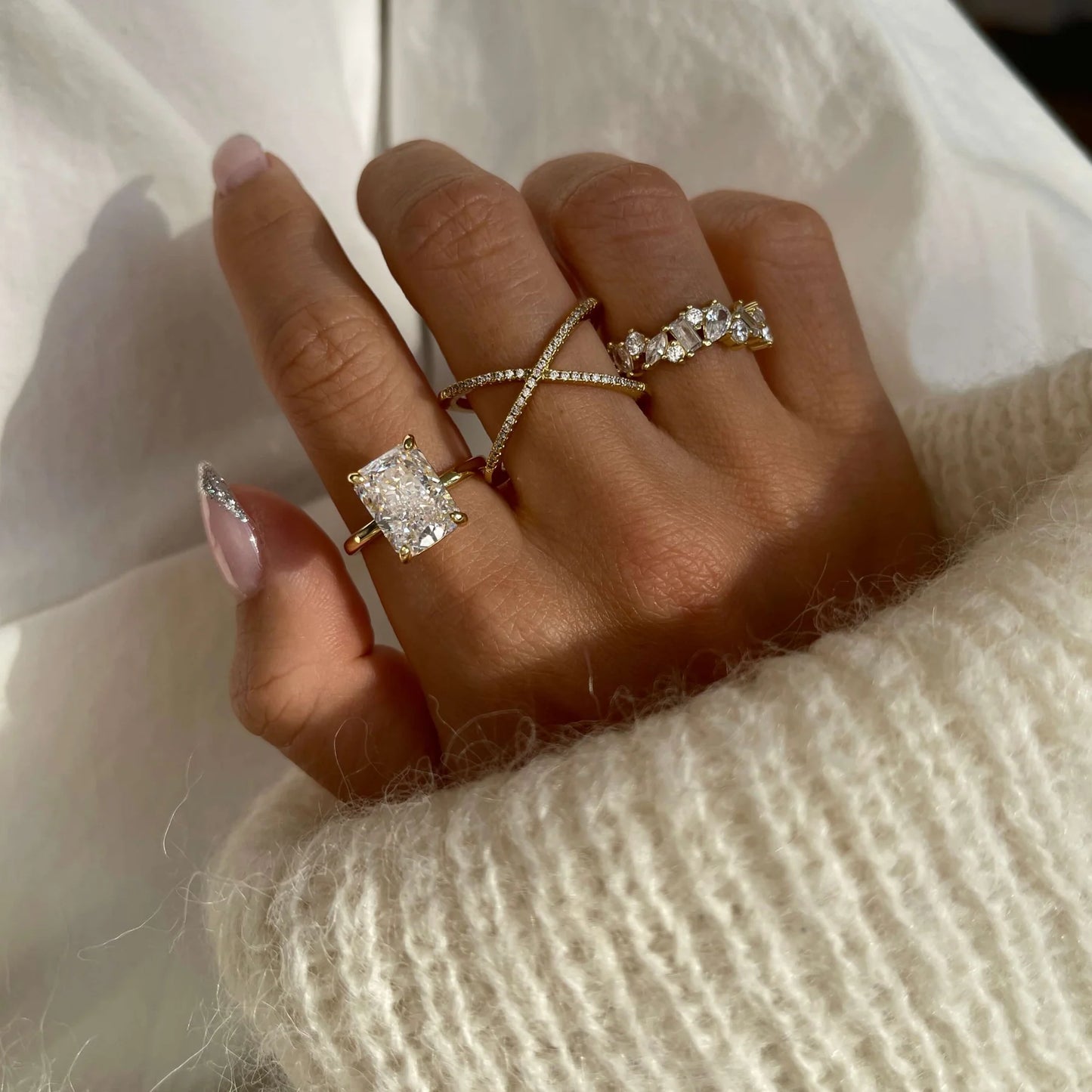 Ricady Jewel Mixed-Cut Cubic Zirconia Statement Ring, 925 Sterling Silver Band for Women, Size 4-10