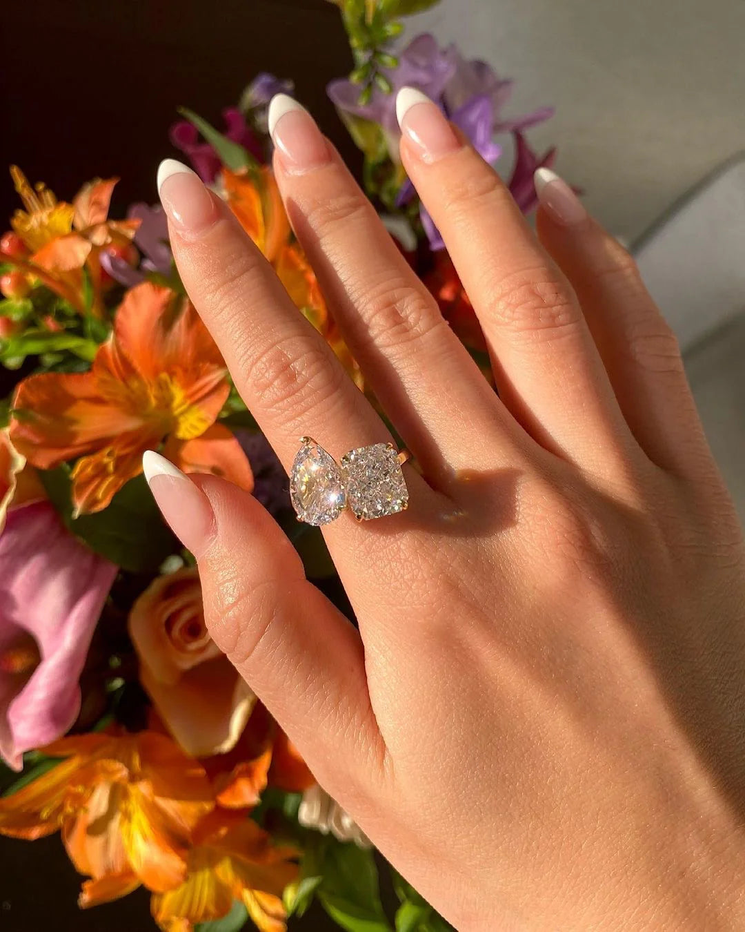 Ricady Jewel Dual-Stone Statement Ring, 925 Sterling Silver Crushed Ice Cubic Zirconia Band for Women, Size 4-10