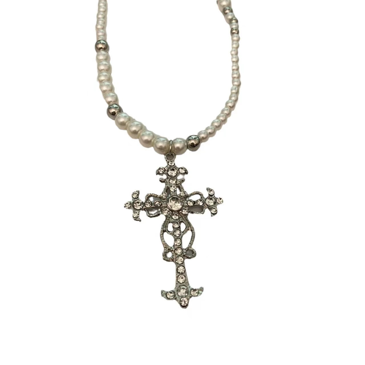 Layered Faux Pearl Cross Pendant Necklace - Sweet & Cool Style
