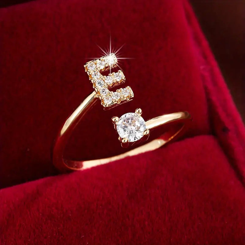 26 Letter Micro-Pave Zircon Ring for Women - 14K Gold Plated Copper Open Plain Band