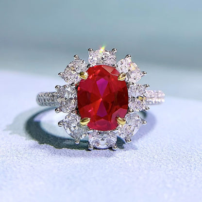 Sunflower Cut S925 Silver Ring | 2ct Egg-Shaped Red CZ, Cabochon Style