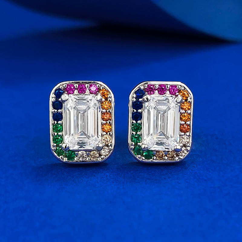 925 Sterling Silver Rainbow Square Stud Earrings with 4*6 White Zircon - Trendy & Elegant