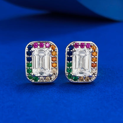 925 Sterling Silver Rainbow Square Stud Earrings with 4*6 White Zircon - Trendy & Elegant