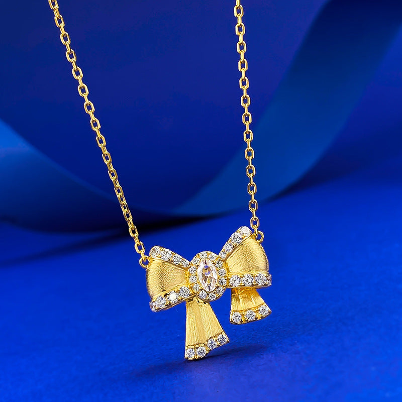 Ricady Jewel S925 Silver Gold-Plated Bow Necklace, Brushed Diamond Inlay Dainty Collar Chain