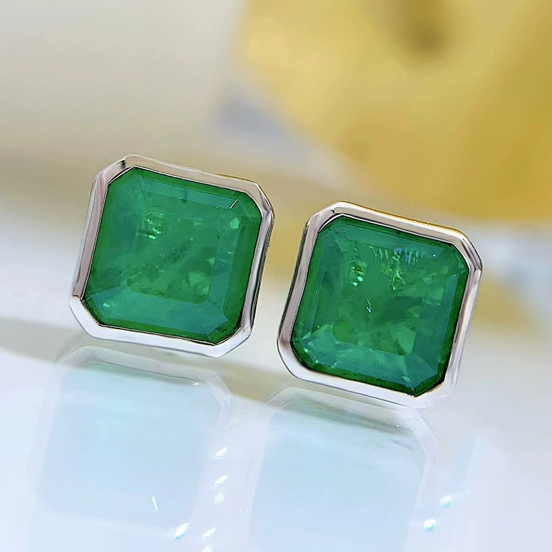 3CT Simulated Emerald Stud Earrings for Women, Silver Edge Setting