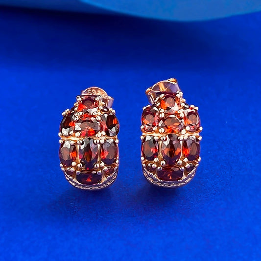 S925 Silver Garnet Red Stud Earrings, 3-Row Full CZ, Retro Statement Design