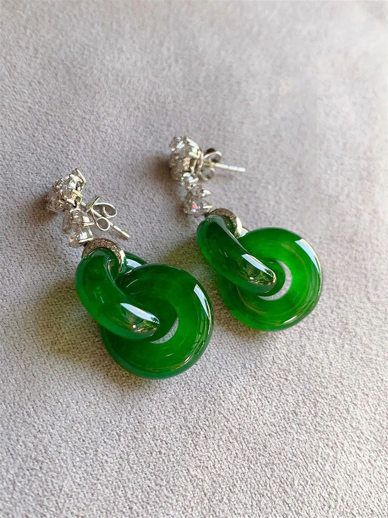Vintage S925 Sterling Silver Natural Hetian Jade Bangle-Linked Stud Earrings | Peace Buckle Double Ring Jewelry