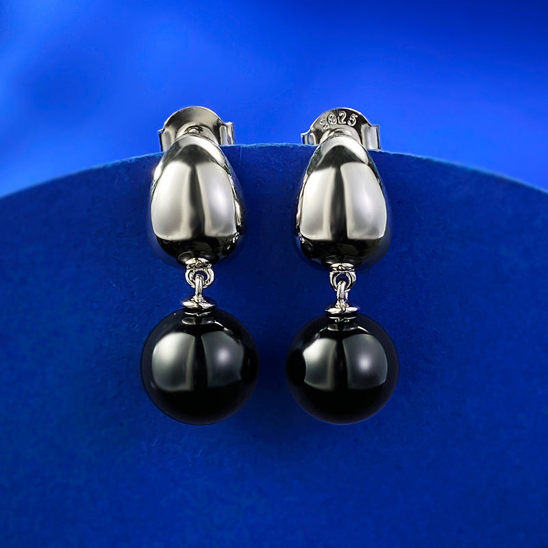 S925 Silver Earrings with 10mm Black Agate & Pearl, Gold-Plated, Minimalist Fashion