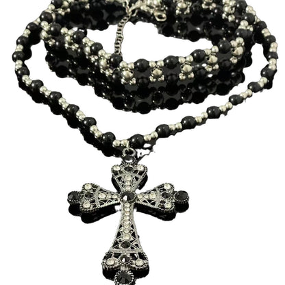 Layered Beaded Cross Choker Necklace - Sweet & Cool Style