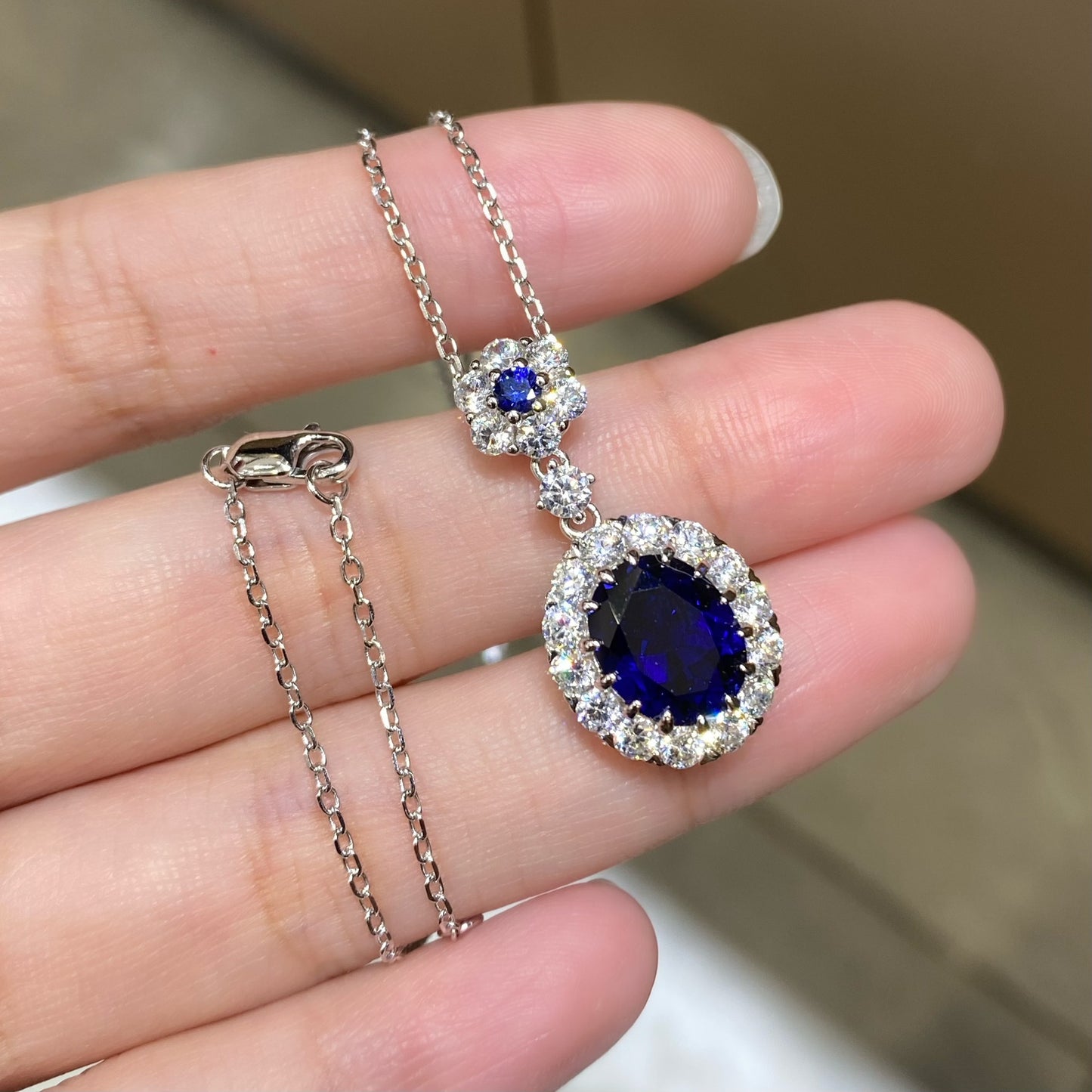 S925 Sterling Silver Classic Diana-Style Sapphire Necklace for Women - Elegant Versatile Gemstone Pendant