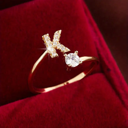 26 Letter Micro-Pave Zircon Ring for Women - 14K Gold Plated Copper Open Plain Band