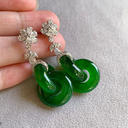 Vintage S925 Sterling Silver Natural Hetian Jade Bangle-Linked Stud Earrings | Peace Buckle Double Ring Jewelry